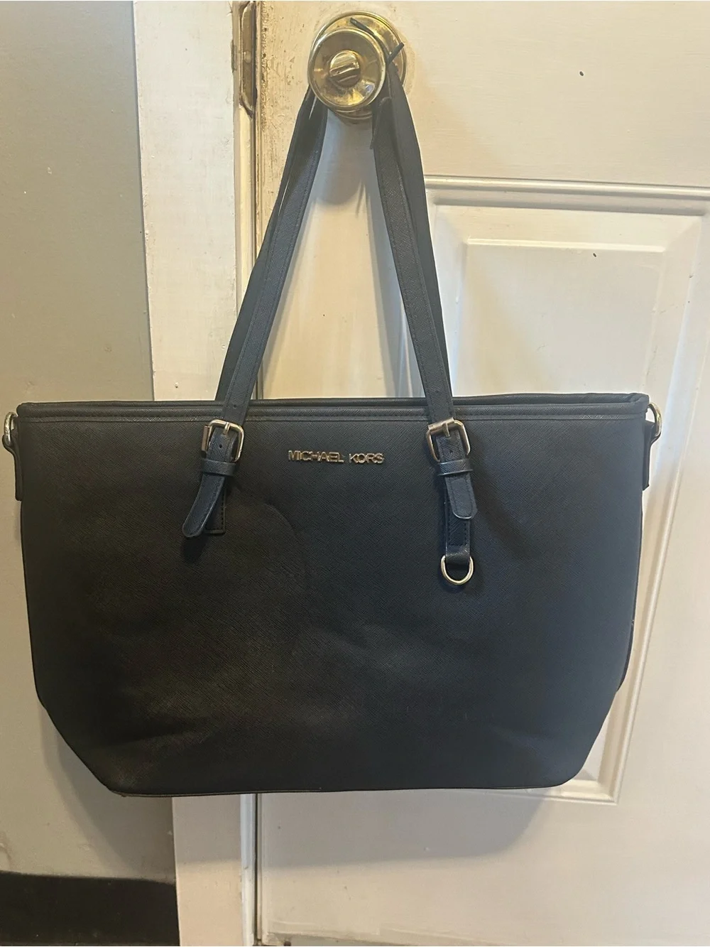 MICHAEL KORS Black Leather Laptop Tote with Gold Hardware